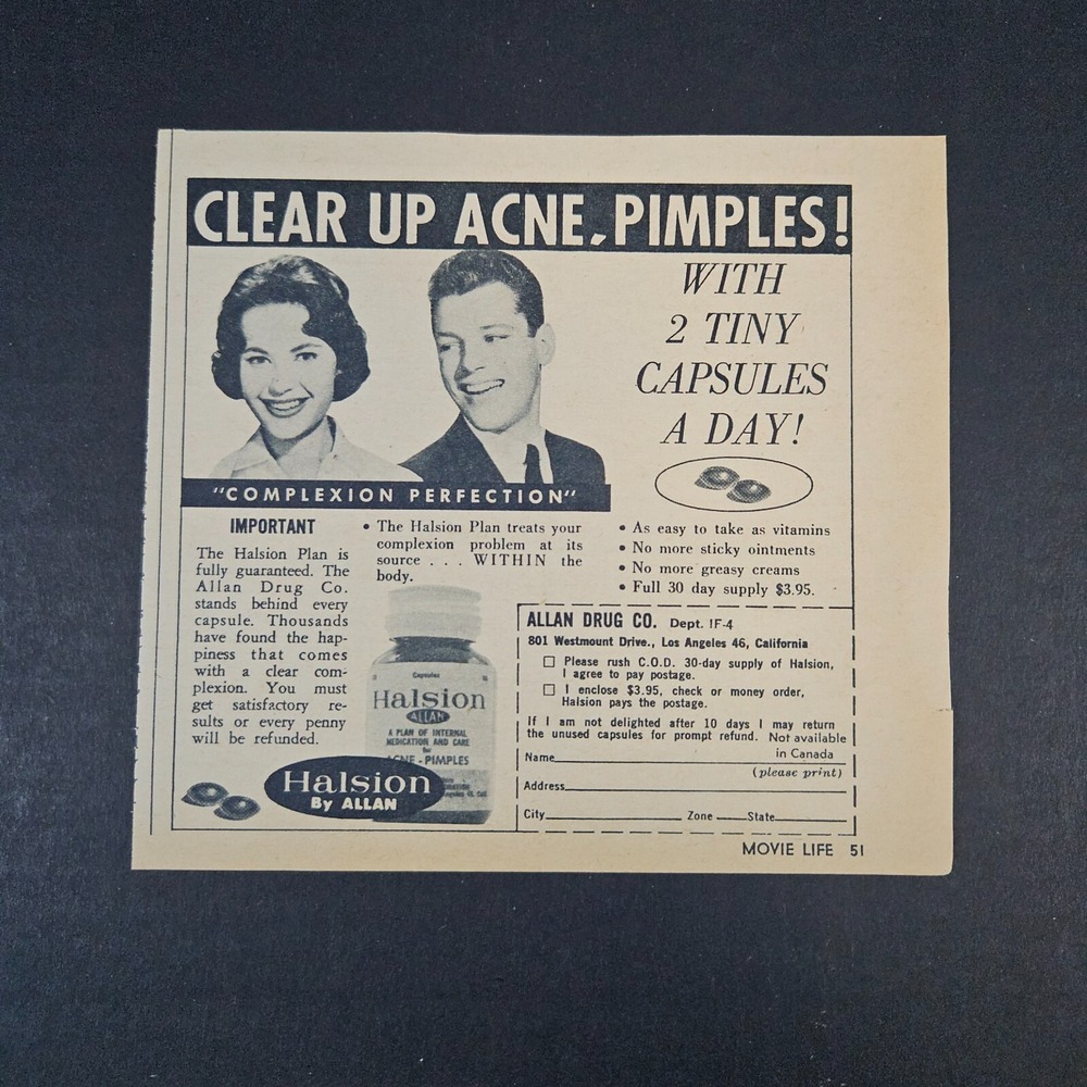 1961 Halsion by Allan Complexion‎ Pills Vintage Print Ad Clear Up Acne Pimples